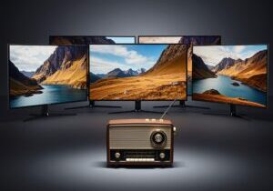 Four,Or,Five,Huge,Smart,Tvs,Surrounding,One,Small,Portable